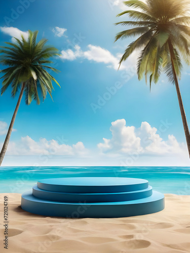  photo 3d rendering Summer 3d podium with copy space for product display presentation on blue beach background