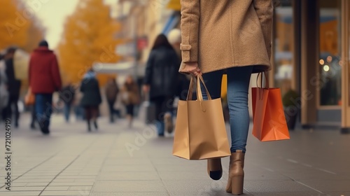 a woman carrying shopping bags was walking on a city street © anatul