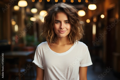 Woman wearing a worn white t-shirt mockup AI Generated