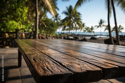 Relaxing on an Empty Wooden Table in a Tropical Beach during Summer Time AI Generated © Alex