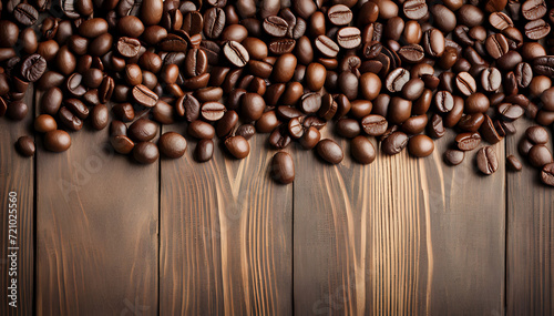 Coffee beans on a wood table with copy space. AI Generated. © Jason Yoder