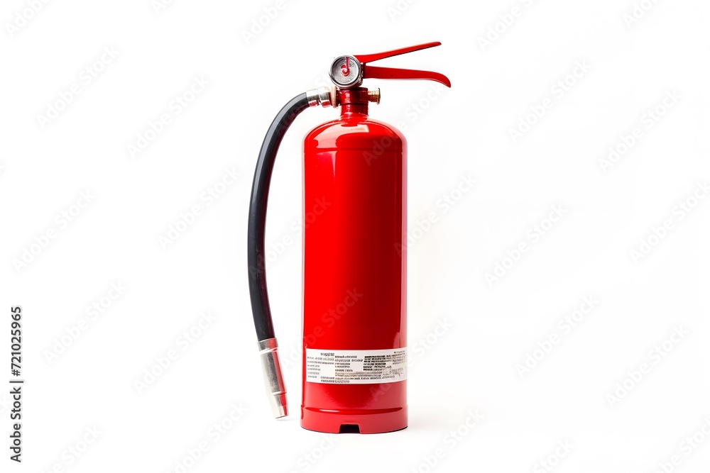 red fire extinguisher for safety and emergency protection, with white background, metal container, and handle for extinguishing flames red fire extinguisher for safety and emergency protection, with white background, metal container, and handle for extinguishing flames