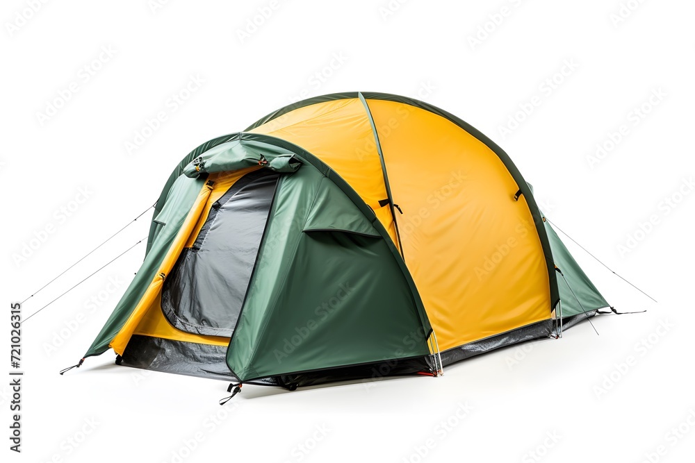 green and yellow tent in a scenic forest camping site and white background
