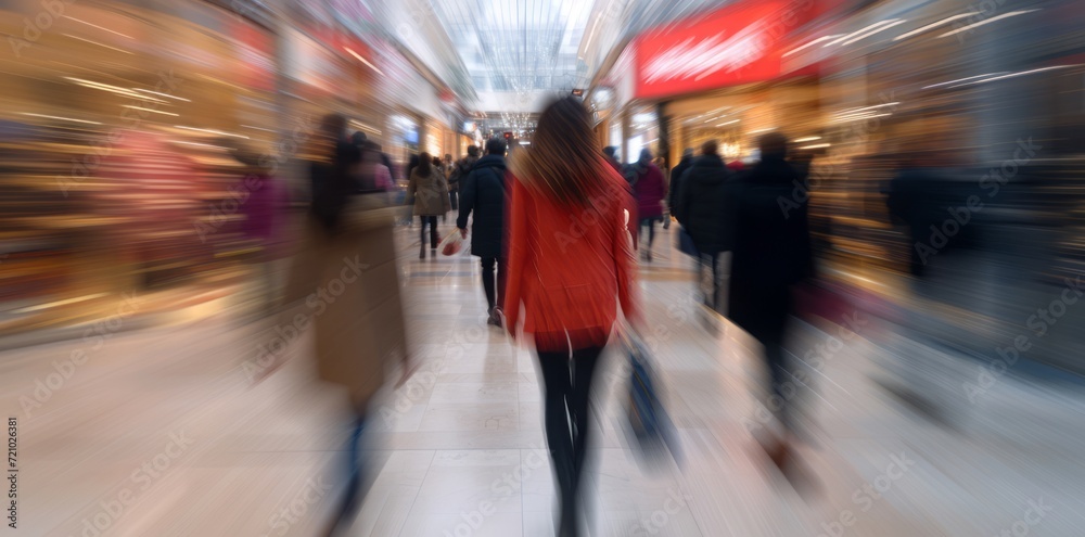 Beautiful motion blur of people walking in the morning rush hour, busy modern life concept.