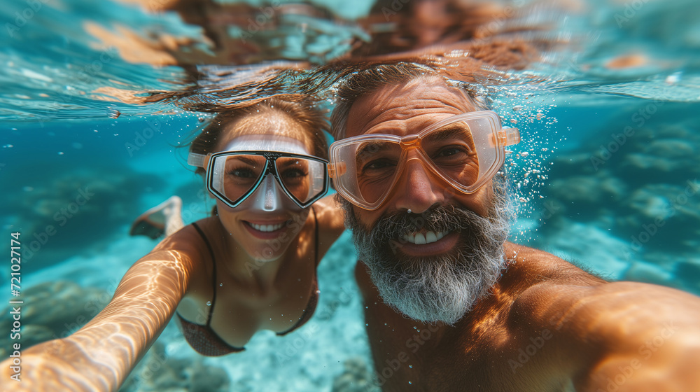 An underwater selfie capturing the joy of a snorkeling couple, with clear blue water surrounding their smiling faces and goggles.