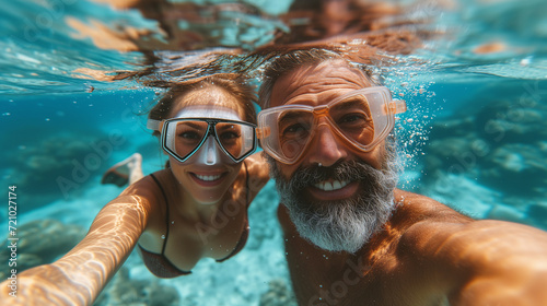 An underwater selfie capturing the joy of a snorkeling couple, with clear blue water surrounding their smiling faces and goggles.