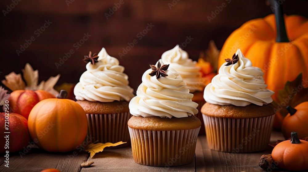 Pumpkin cupcakes with whipped cream and spices on wooden background Generative AI