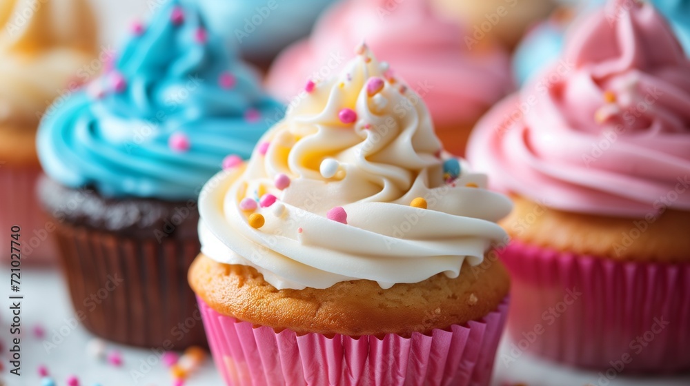 a cupcake with pink, blue and white icing on a table