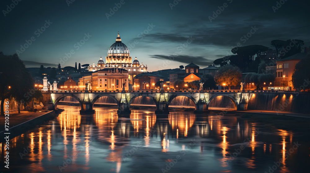 The night view of the beautiful city of Rome, Italy