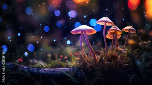 Mushrooms in the forest at night. Fantasy bokeh Generative AI