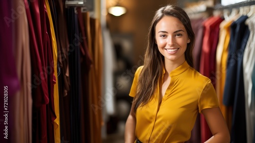 Portrait of a smiling young woman looking at camera in a clothing store Generative AI