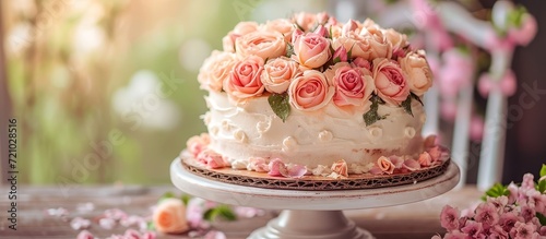 Exquisite Cake with Roses, Artfully Decorated on a Charming Wooden Table