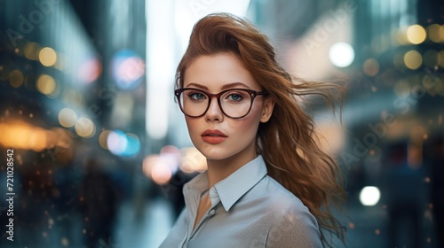 Fashion Model in Glasses on a Busy City Street with Commercial Displays AI Generated