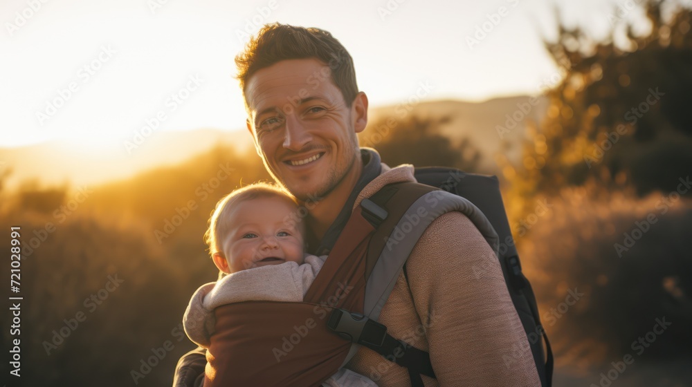 Young father with his adorable baby boy at sunset. Family travel concept. Generative AI - obrazy, fototapety, plakaty 