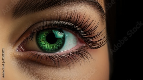 Close-up of woman's eye with green iris. 3D rendering Generative AI