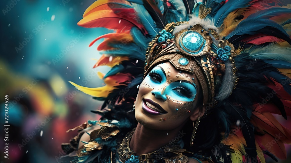 portrait of a woman in a costume and a headdress with feathers at a traditional Brazilian carnival, Brazilian dancing and music at the festival portrait of a woman in a costume and a headdress with feathers at a traditional Brazilian carnival, Brazilian dancing and music at the festival