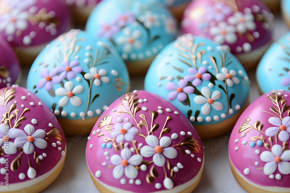 easter egg shaped cookies with colorful icing and painting floral ornament easter egg shaped cookies with colorful icing and painting floral ornament