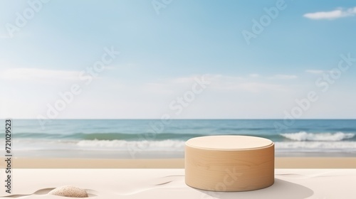 Wooden podium on the beach with sea background