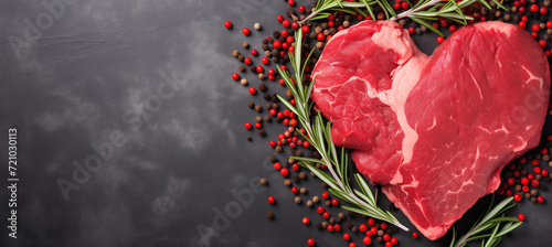 Heart-shaped raw meat for valentine's day dinner preparation with copy space