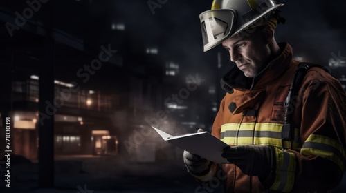 Portrait of a fireman wearing a helmet and holding a clipboard Generative AI
