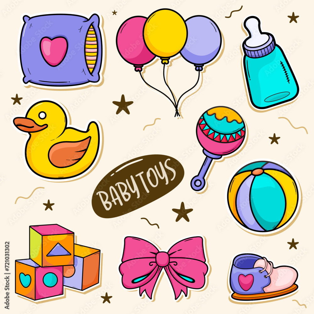Fototapeta premium Baby shower and toys collection set. hand draw style