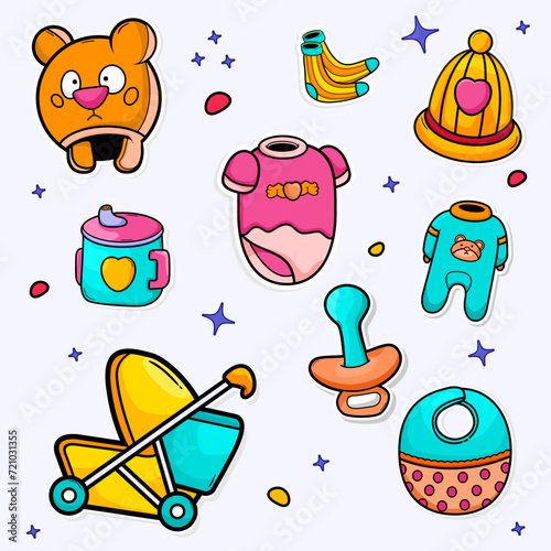 Baby shower and toys collection set. hand draw style