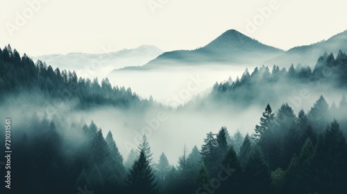 Foggy morning in the mountains. Landscape with coniferous forest. Generative AI © Alex