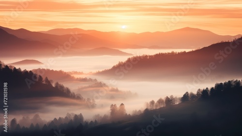 Foggy winter sunrise in the mountains. Landscape with morning fog. Generative AI