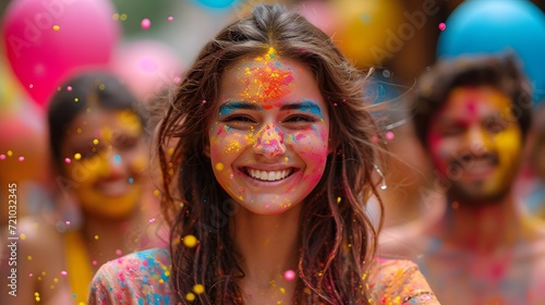 people playing with water balloons and smearing colorful gulal,holi background.