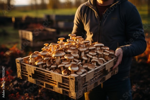 Framer Holding a Basket of Mushrooms on Farm AI Generated photo
