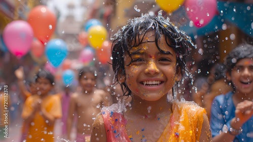 people playing with water balloons and smearing colorful gulal,holi background.
