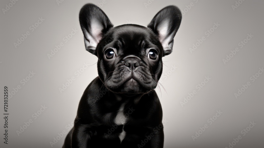 Cute black french bulldog puppy looking at the camera on gray background Generative AI