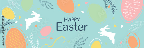 Happy Easter banner. Easter design in pastel colors with hand drawn leaves, eggs and bunnies.