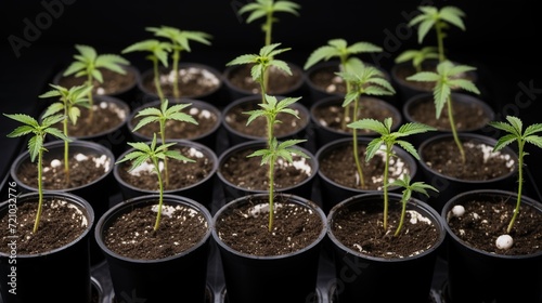 Small cannabis plants growing in pots photo