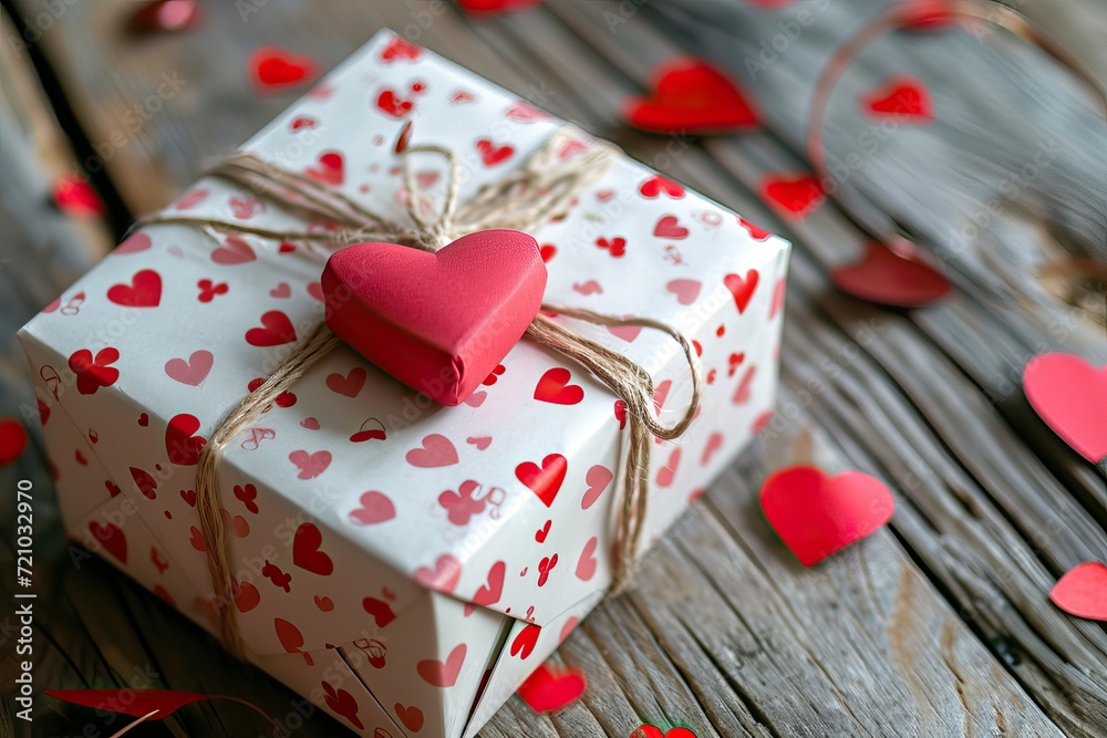 Gift box wrapped in Valentine's Day-themed paper Gift box wrapped in Valentine's Day-themed paper