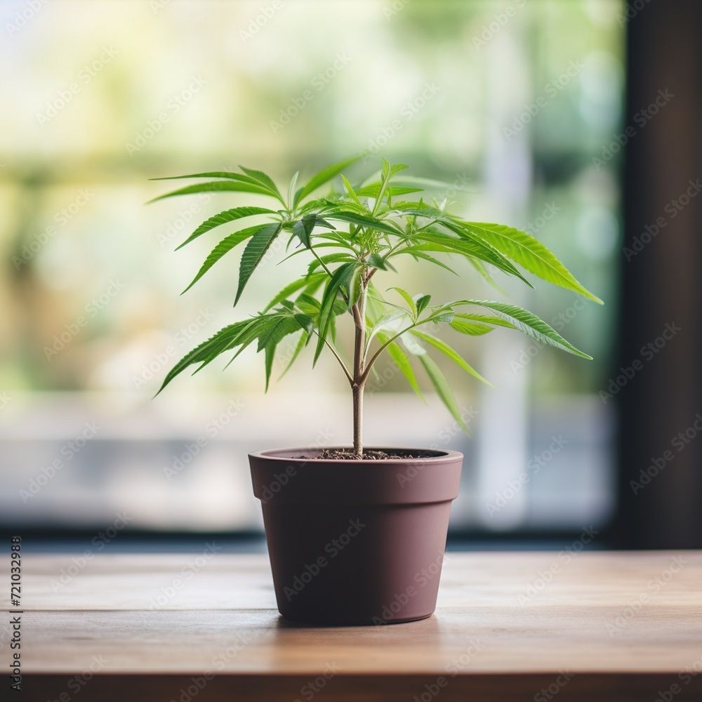 Small cannabis plant in a brown flowerpot on a wooden table Small cannabis plant in a brown flowerpot on a wooden table