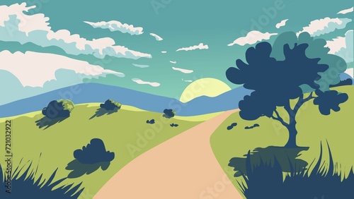 Spring landscape with trees, mountains, fields, leave, shadow, dark and light green  photo