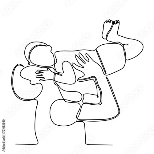 Father lifts child. Father's Day concept. One continuous line drawing.