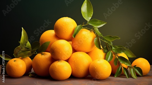 Fresh oranges with green leaves on a dark background. 3d illustration Generative AI