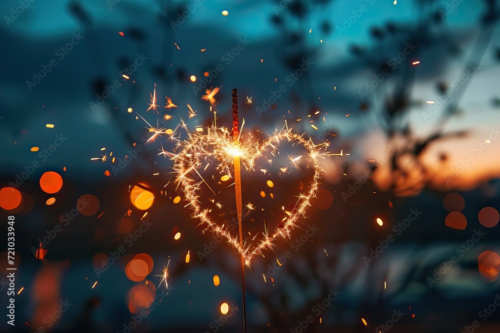 Obraz premium Heart-shaped sparklers lighting up the night. 