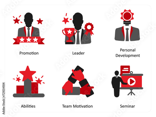 Six business icons in red and black as promotion, leader, personal development