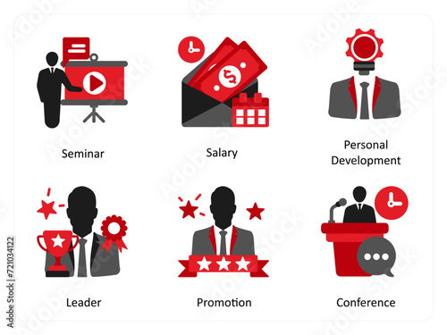 Six business icons in red and black as seminar, salary, personal development