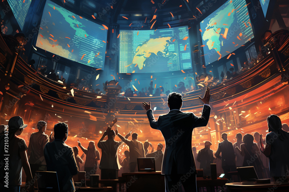 A bustling stock exchange floor, traders gesturing and screens displaying dynamic market charts, capturing the high-energy atmosphere of financial markets.