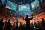 A bustling stock exchange floor, traders gesturing and screens displaying dynamic market charts, capturing the high-energy atmosphere of financial markets.