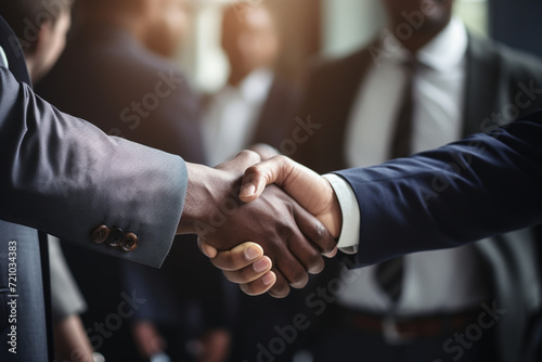 A close-up of a diverse group of people shaking hands in a modern office, signifying successful business partnerships and collaborative investments.