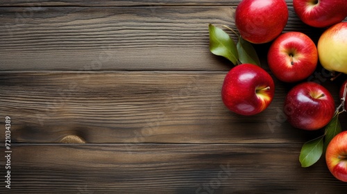 Fresh red apples on wooden background. Top view with copy space. Generative AI