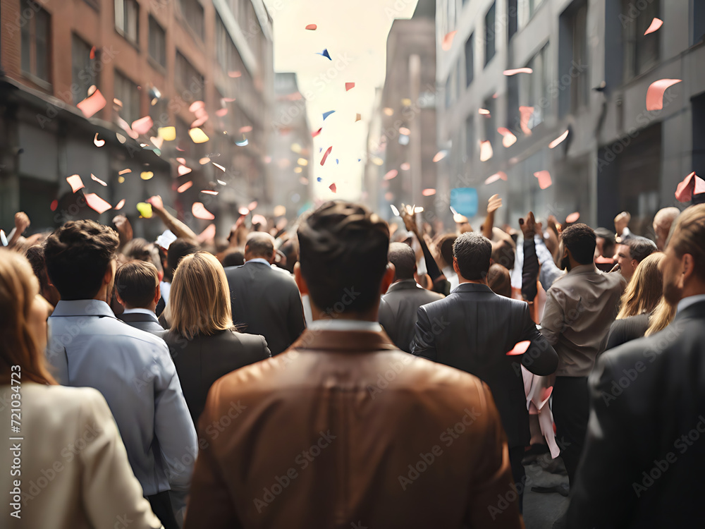 Back view of large group of business people celebrating in the street in crowd, hyper realistic, selective focus, buildings Back view of large group of business people celebrating in the street in crowd, hyper realistic, selective focus, buildings