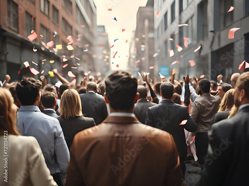 Back view of large group of business people celebrating in the street in crowd, hyper realistic, selective focus, buildings