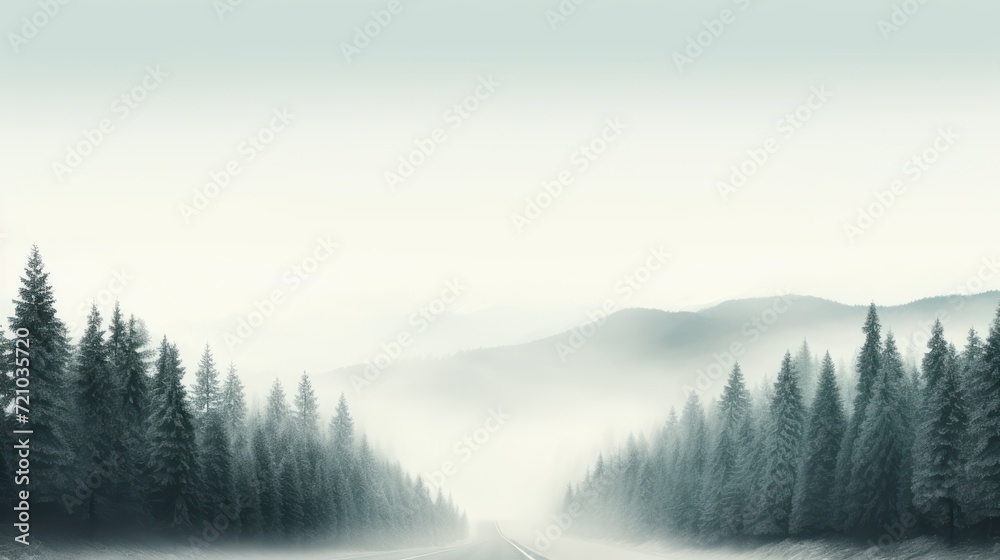 Misty Winter Fir Forest: Beautiful Landscape with Road in Hipster Vintage Retro Style AI Generated