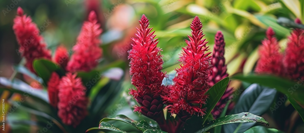 Close-up photo of a stunning crimson rata plant outdoors in a tropical backyard. Close-up photo of a stunning crimson rata plant outdoors in a tropical backyard.